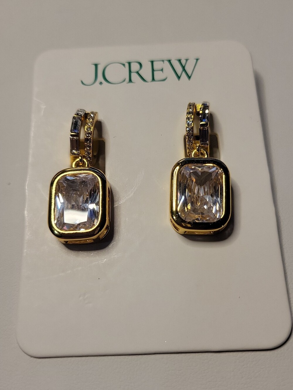 J.Crew Nwt  Bezel Set Gold-Tone Clear Crystal Huggie Hoop Emerald Cut Earrings